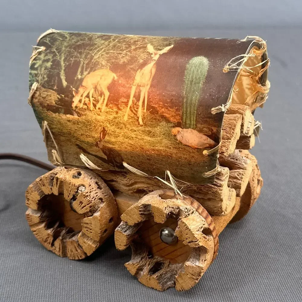 VTG Cholla Cactus Wood Covered Wagon Lamp 5